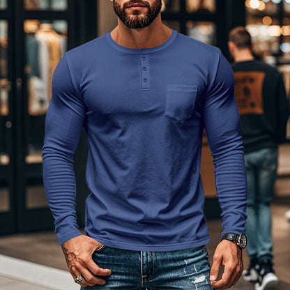 Men's long-sleeved Henley shirt with textured cotton surface and chest pocket Skorter