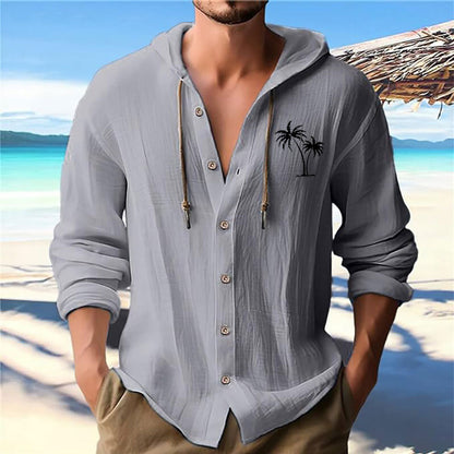 Men's casual hoodie shirt with decorative palm print and button placket Skorter