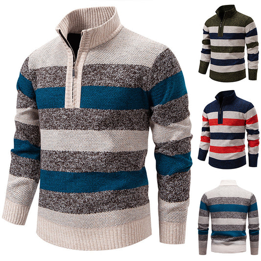 Men's stylish knit sweater with a half-high collar and contrasting stripes Skorter