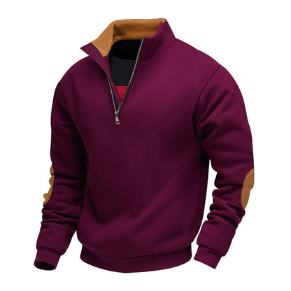 Men's Sporty Stand Collar Sweater with Zipper and Leather Accents Skorter