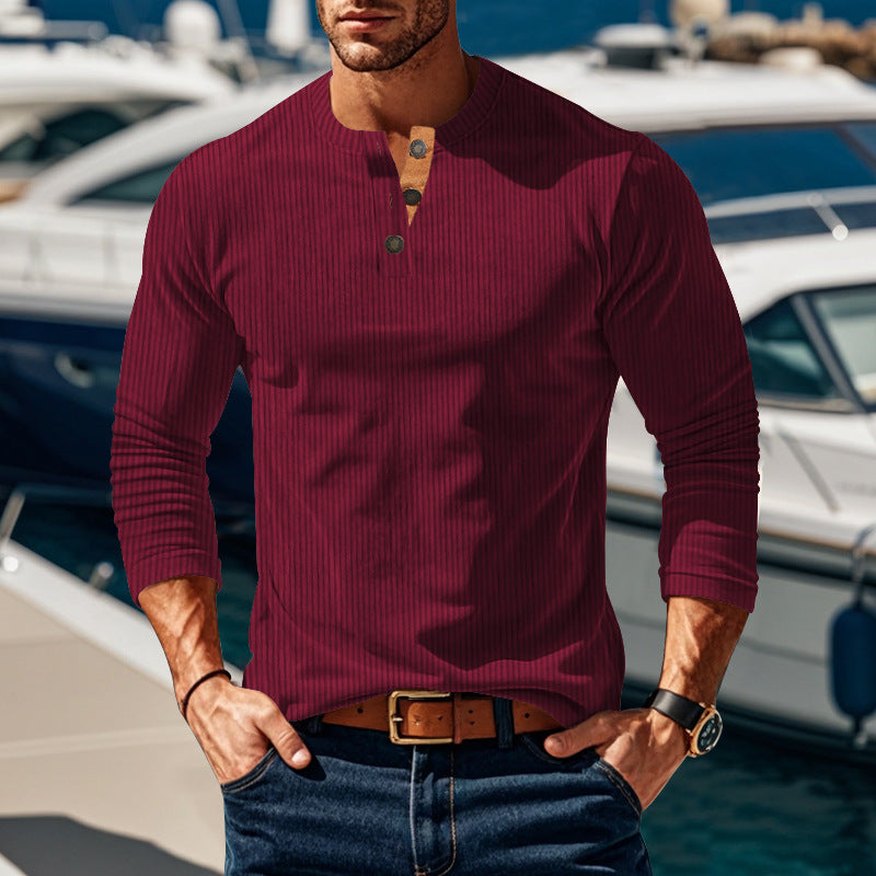 Men's long sleeve shirt with textured stand-up collar and practical button details Skorter