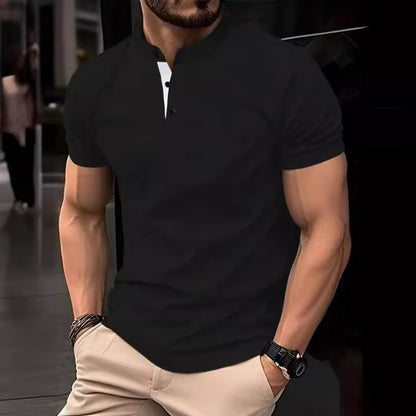 Men's stylish short-sleeve shirt with modern stand-up collar and decorative buttons Skorter