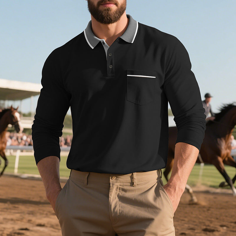 Men's stylish long sleeve polo shirt with textured surface and practical chest pocket Skorter