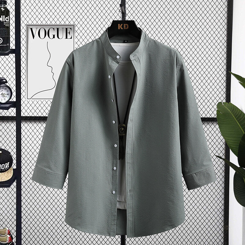 Men's Nice Long Sleeve Shirt with Modern Stand-Up Collar and Textured Fabric Skorter