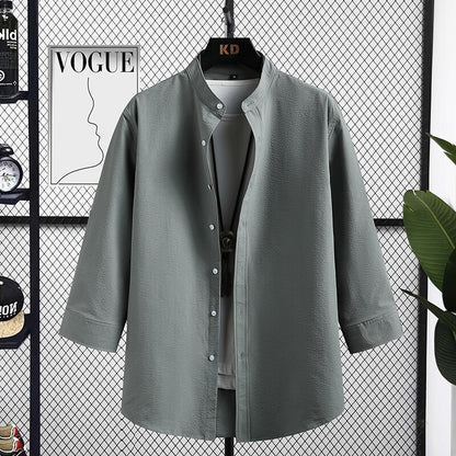 Men's Nice Long Sleeve Shirt with Modern Stand-Up Collar and Textured Fabric Skorter