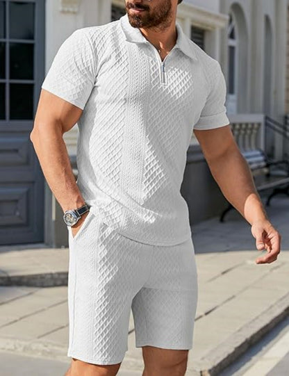 Men's sporty short sleeve set with zipper and knit pattern Skorter