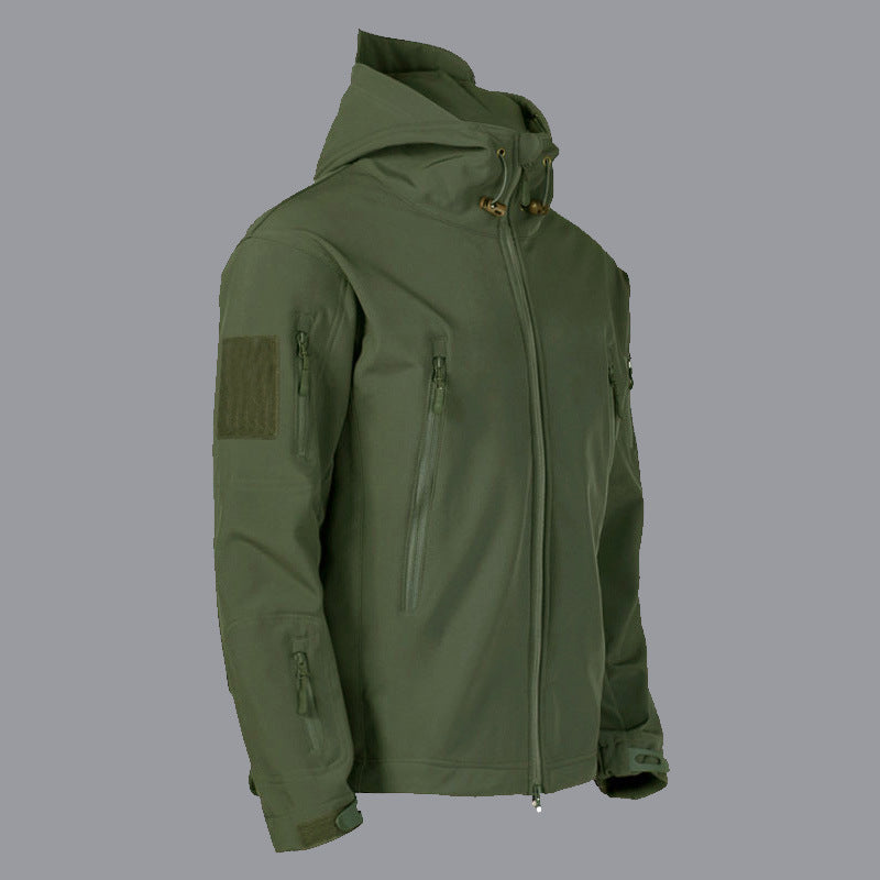 Men's technical softshell jacket with multifunctional pockets and adjustable hood system Skorter