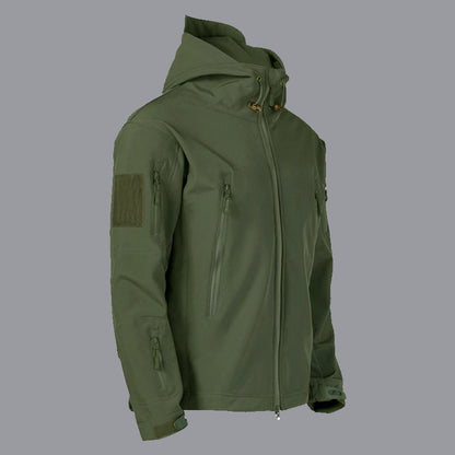 Men's technical softshell jacket with multifunctional pockets and adjustable hood system Skorter