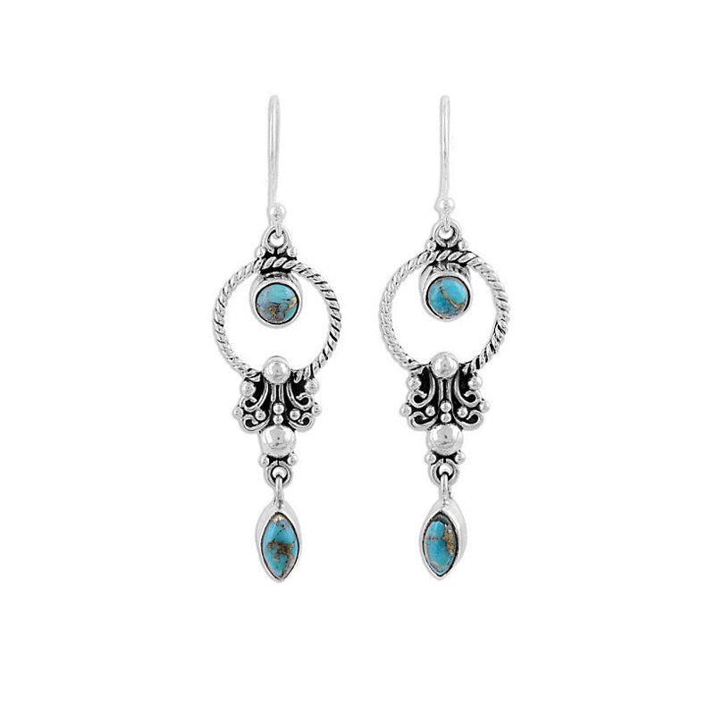 Skorter | Blue Art Retro Style Turquoise Engraved Earrings Elegant Temperament Ethnic Style Earrings