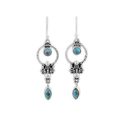 Skorter | Blue Art Retro Style Turquoise Engraved Earrings Elegant Temperament Ethnic Style Earrings