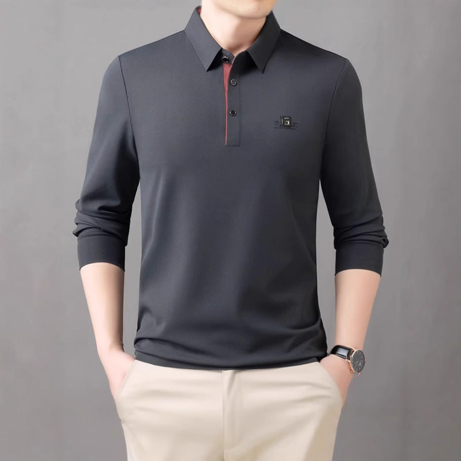 Herrpolo med lång ärm och modern krage, andningsbar