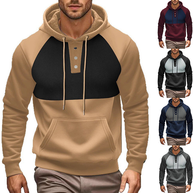 Men's stylish hoodie with contrasting color zone and practical button details Skorter