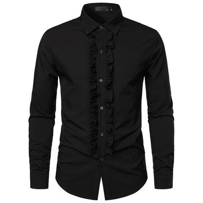 Men's Long Sleeve Shirt with Ruffle Decoration and Elegant Button Details Skorter