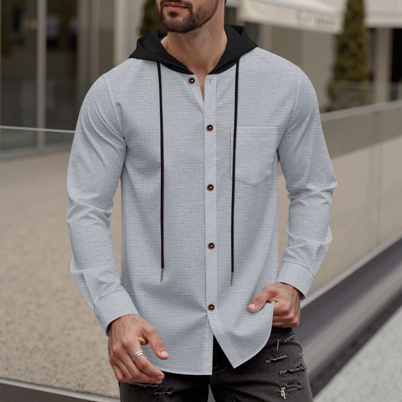Men's stylish hoodie shirt with button placket and practical chest pocket Skorter