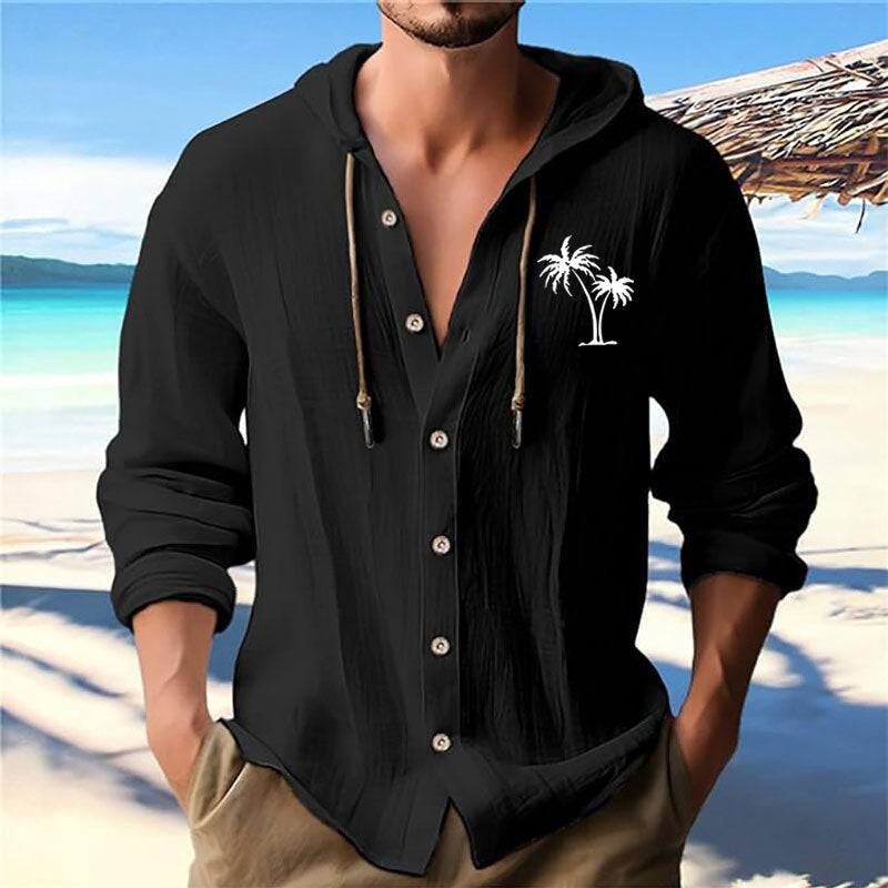 Men's casual hoodie shirt with decorative palm print and button placket Skorter