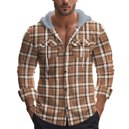 Men's Long Sleeve Shirt with Hoodie and Check Pattern Skorter