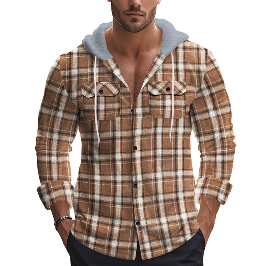 Men's Long Sleeve Shirt with Hoodie and Check Pattern Skorter