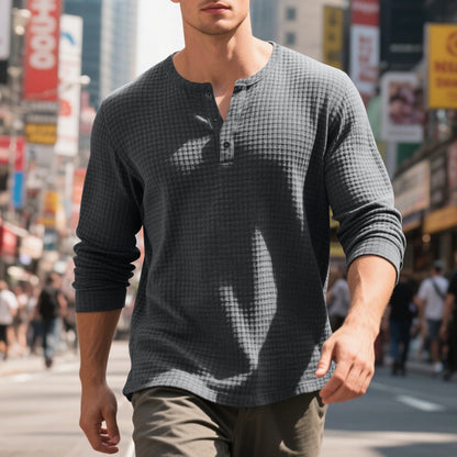 Men's Long Sleeve Shirt with Press Buttons and Textured Design Skorter