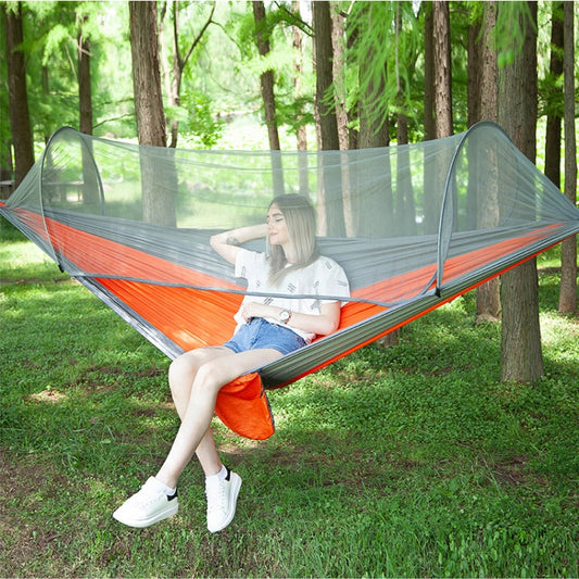Skorter | Portable Outdoor Camping Full-automatic Nylon Parachute Hammock with Mosquito Nets, Size : 290 x 140cm (Silver Gray + Orange)