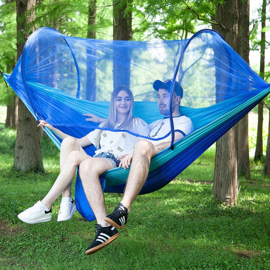 Skorter | Portable Outdoor Camping Full-automatic Nylon Parachute Hammock with Mosquito Nets, Size : 250 x 120cm (Dark Blue + Baby Blue)