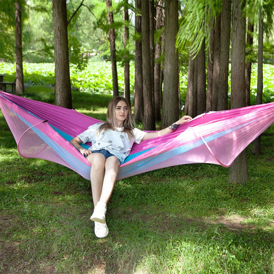 Skorter | Portable Outdoor Camping Full-automatic Nylon Parachute Hammock with Mosquito Nets, Size : 250 x 120cm (Pink Blue)