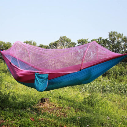 Skorter | Portable Outdoor Camping Full-automatic Nylon Parachute Hammock with Mosquito Nets, Size : 250 x 120cm (Pink Blue)