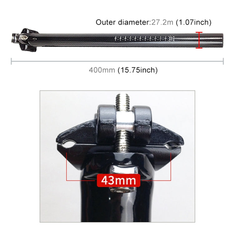 Skorter | TOSEEK 3K Carbon Fiber Mountain Bike Road Bike Bicycle Seat Tube Seatpost Seat Fitting Seat Pole Bicycle Fittings, Size: 27.2x400mm