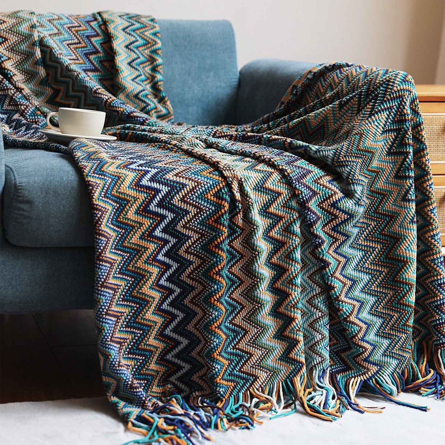 Skorter | Boho Chevron Duvet Cover – Handwoven – With Fringes – Warm Earth Tones