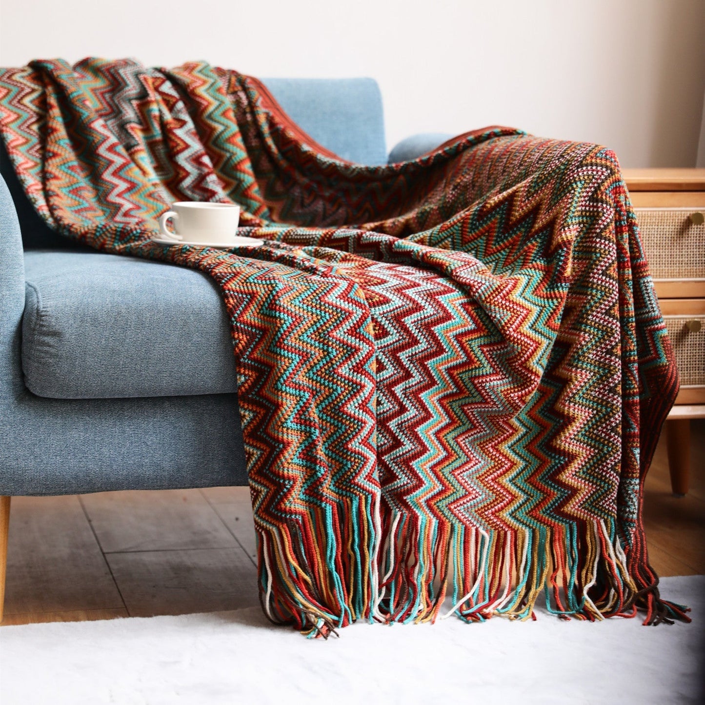 Skorter | Boho Chevron Duvet Cover – Handwoven – With Fringes – Warm Earth Tones