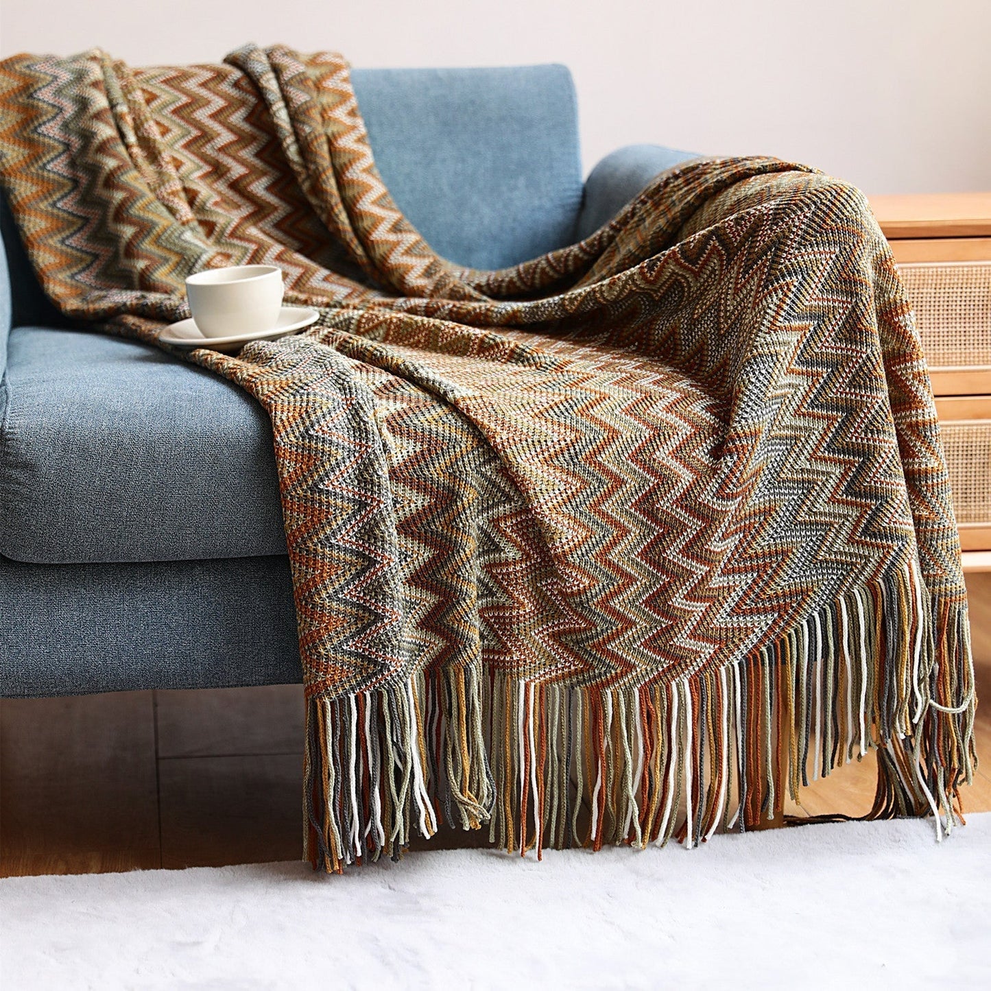 Skorter | Boho Chevron Duvet Cover – Handwoven – With Fringes – Warm Earth Tones
