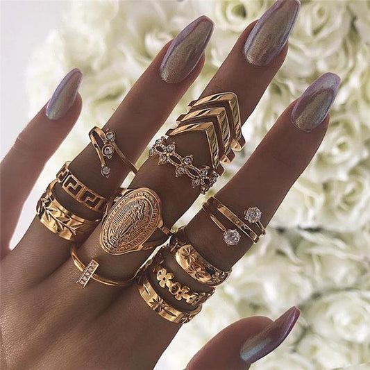 Skorter | 13-piece 18K gold-plated ring set with Austrian crystals - ITALIAN Design