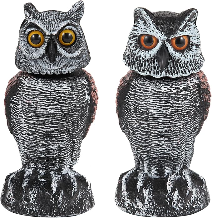 Skorter | EcoOwl Garden Scarecrow – 2 Pieces Realistic Owls with Wind-Driven Spinning Head