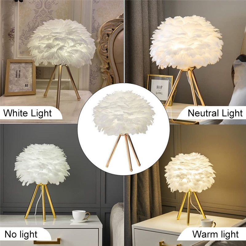 Skorter | Romantic Feather Table Lamp Modern Nightstand Lamp Living Room Café Decoration Wedding Christmas Gift Ostrich Feather Light
