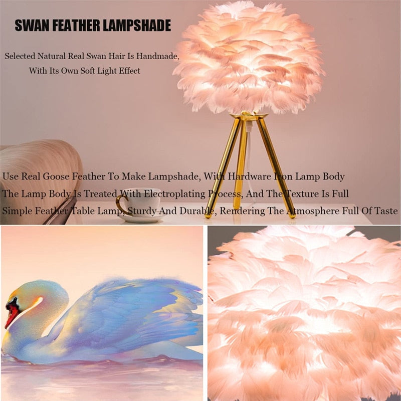 Skorter | Romantic Feather Table Lamp Modern Nightstand Lamp Living Room Café Decoration Wedding Christmas Gift Ostrich Feather Light