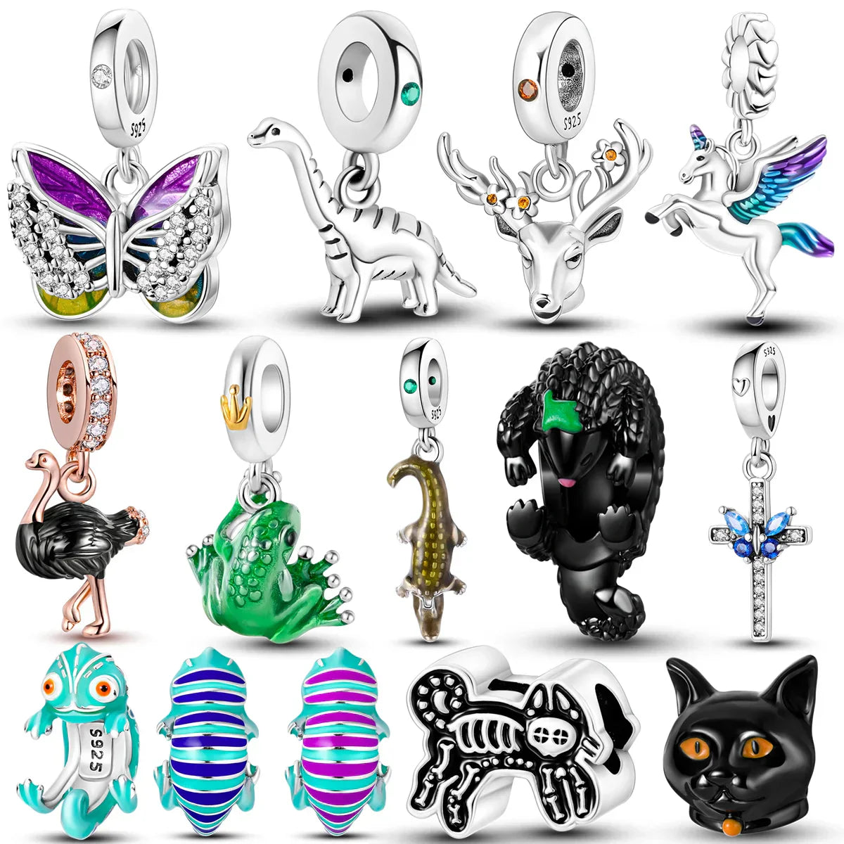 Skorter | 925 Silver Golden Leopard Charms Beads Colorful Chameleon Rhinoceros Lion Scarab Cat Pendant Compatible with Original Pandora Bracelet Jewelry