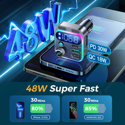 Skorter | Bluetooth 5.3 FM Transmitter for Car with Dual Mics - Deep Bass Sound/48W PD & QC3.0 Charger