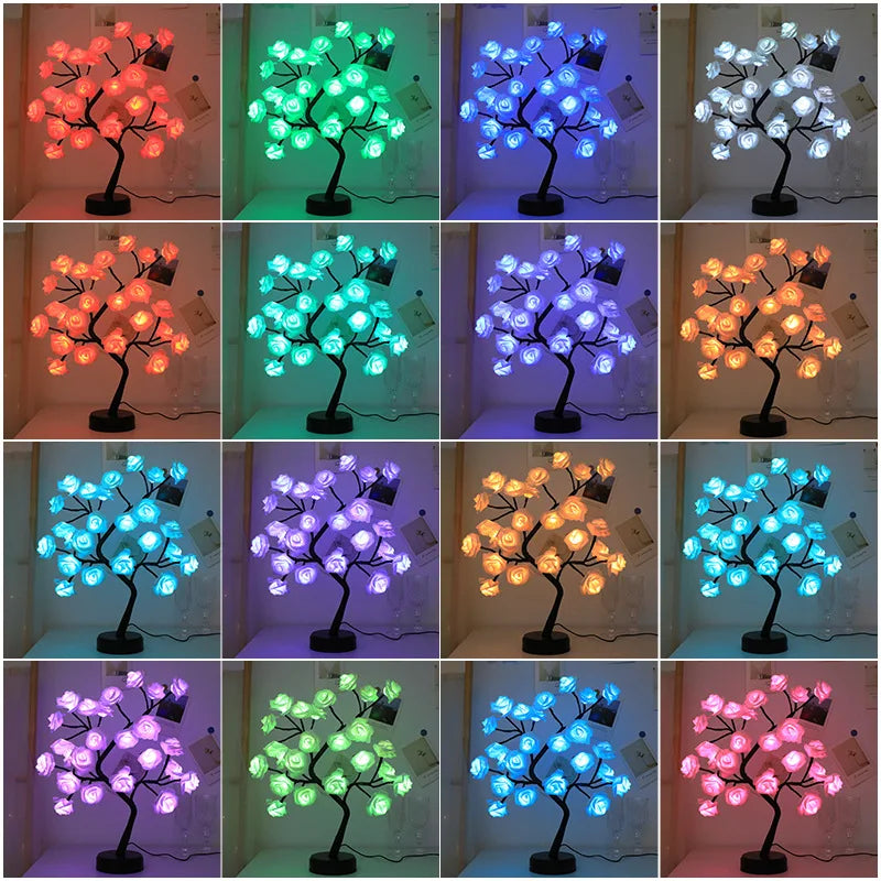 Skorter | RGB Rose Flower Tree Lights 24LED USB Battery Table Lamp Fairy Night Light Home Party Christmas Wedding Bedroom Decoration Gift