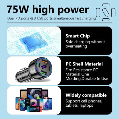 Skorter | 75W USB Car Charger - 5-Port Fast Charging Adapter