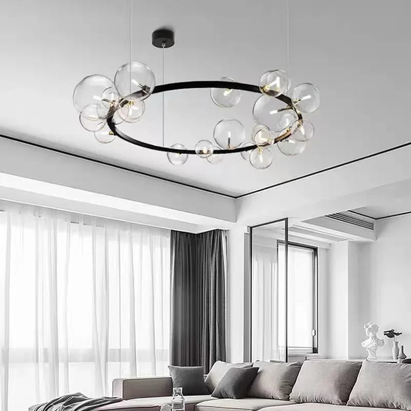Skorter | Modern creative metal chandelier lighting: 7/10 clear glass bubbles, long round design with G9 light socket