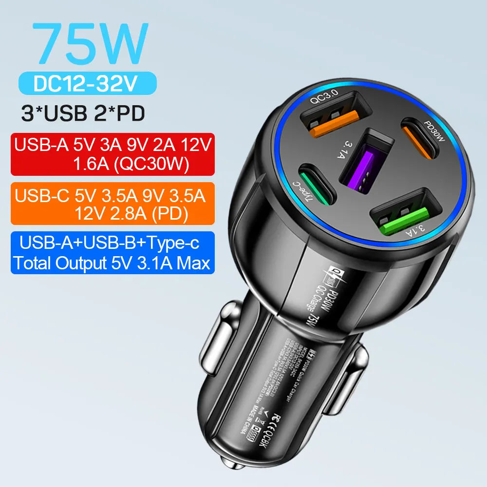 Skorter | 75W USB Car Charger - 5-Port Fast Charging Adapter