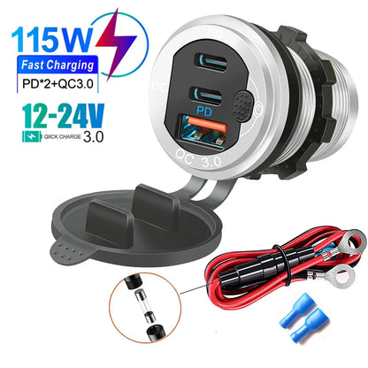 Skorter | 115W Car Charger with QC3.0, PD, Voltmeter, USB Ports