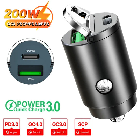 Skorter | 100W/200W QC3.0 PD Mini Car Charger  - 12-24V Fast Charging