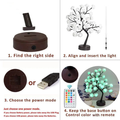 Skorter | RGB Rose Flower Tree Lights 24LED USB Battery Table Lamp Fairy Night Light Home Party Christmas Wedding Bedroom Decoration Gift