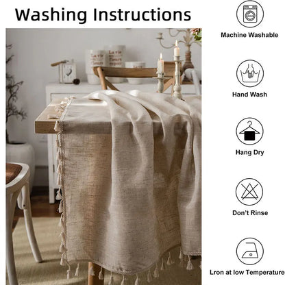 Skorter | 2023 Cotton-Linen Tablecloth with Tassels, Rectangular Tablecloth for Dining Table, Coffee-Tea Tablecloths, Wedding Easter Decoration