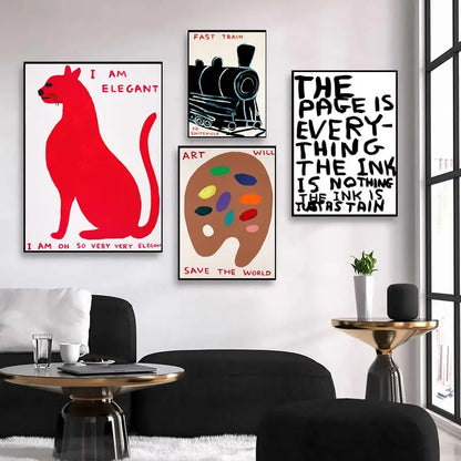 Skorter | David Shrigley Rabbit Cat Wine Biscuit Train Wall Art Abstract Prints Canvas Painting Nordic Poster Pictures Living Room Decor