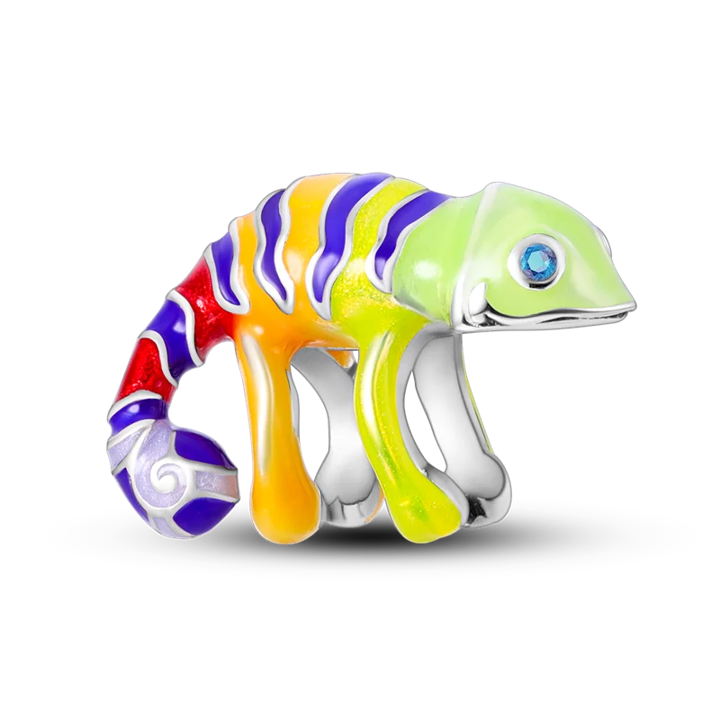 Skorter | 925 Silver Golden Leopard Charms Beads Colorful Chameleon Rhinoceros Lion Scarab Cat Pendant Compatible with Original Pandora Bracelet Jewelry