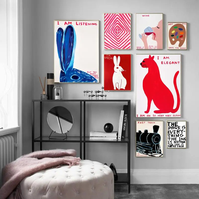 Skorter | David Shrigley Rabbit Cat Wine Biscuit Train Wall Art Abstract Prints Canvas Painting Nordic Poster Pictures Living Room Decor