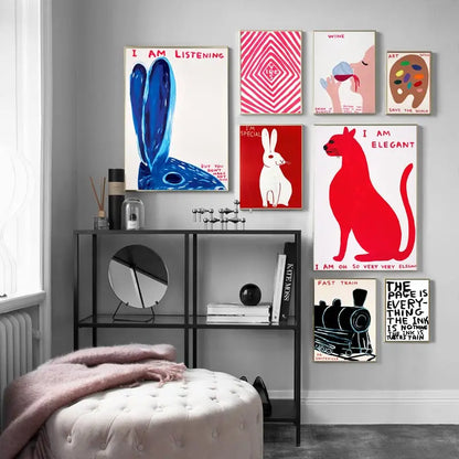 Skorter | David Shrigley Rabbit Cat Wine Biscuit Train Wall Art Abstract Prints Canvas Painting Nordic Poster Pictures Living Room Decor