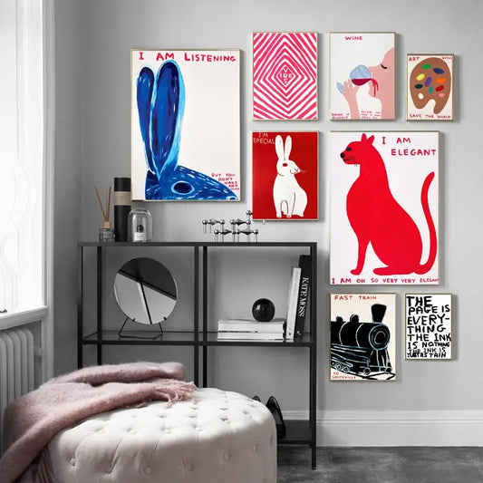 Skorter | David Shrigley Rabbit Cat Wine Biscuit Train Wall Art Abstract Prints Canvas Painting Nordic Poster Pictures Living Room Decor