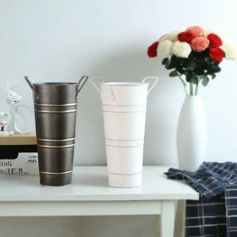 Skorter | Retro Iron Flower Bucket with Handles – Decorative Metal Flower Pot for Home